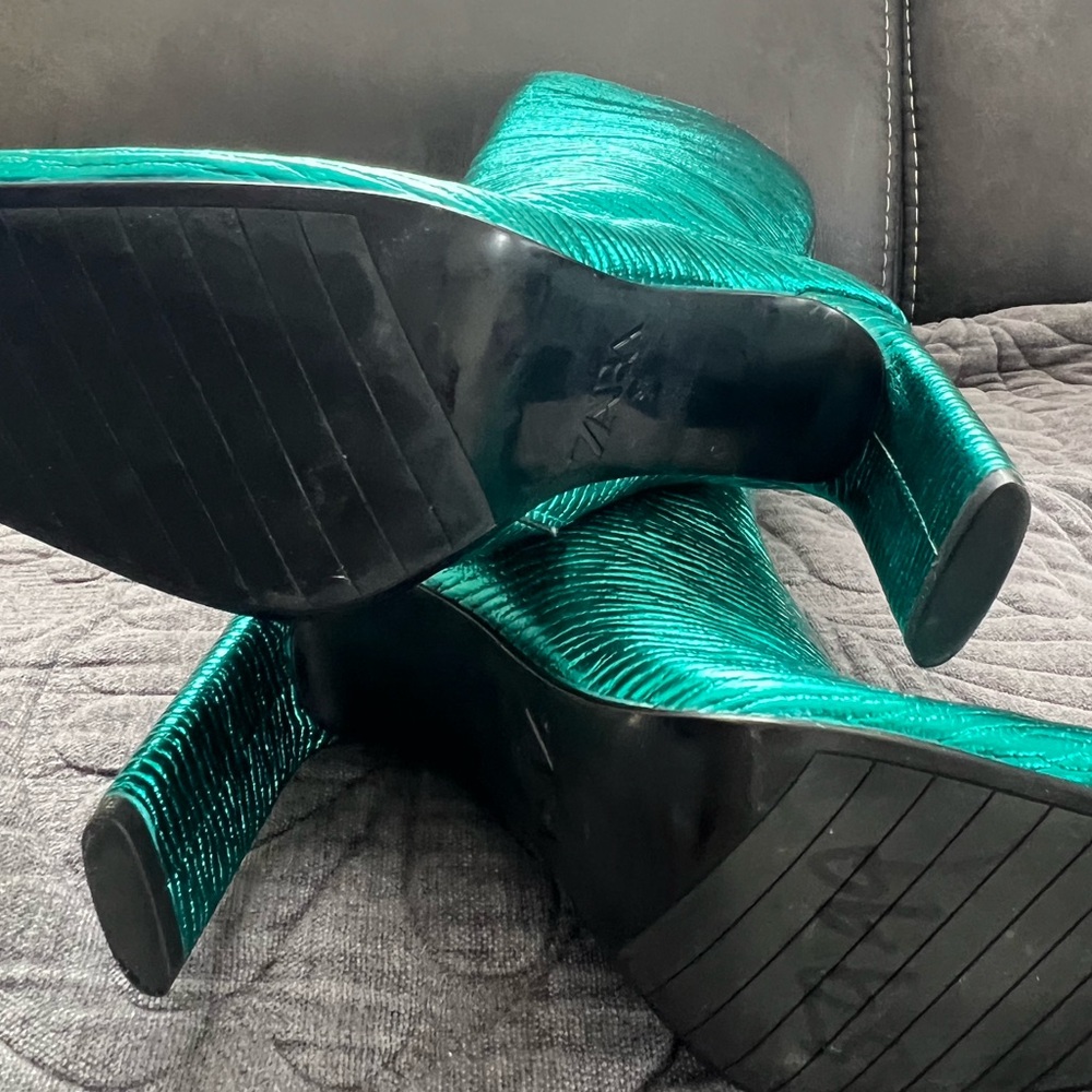 Zara Metallic teal Green Textured Knee High Boots 6.5 NWT - Picture 6 of 9
